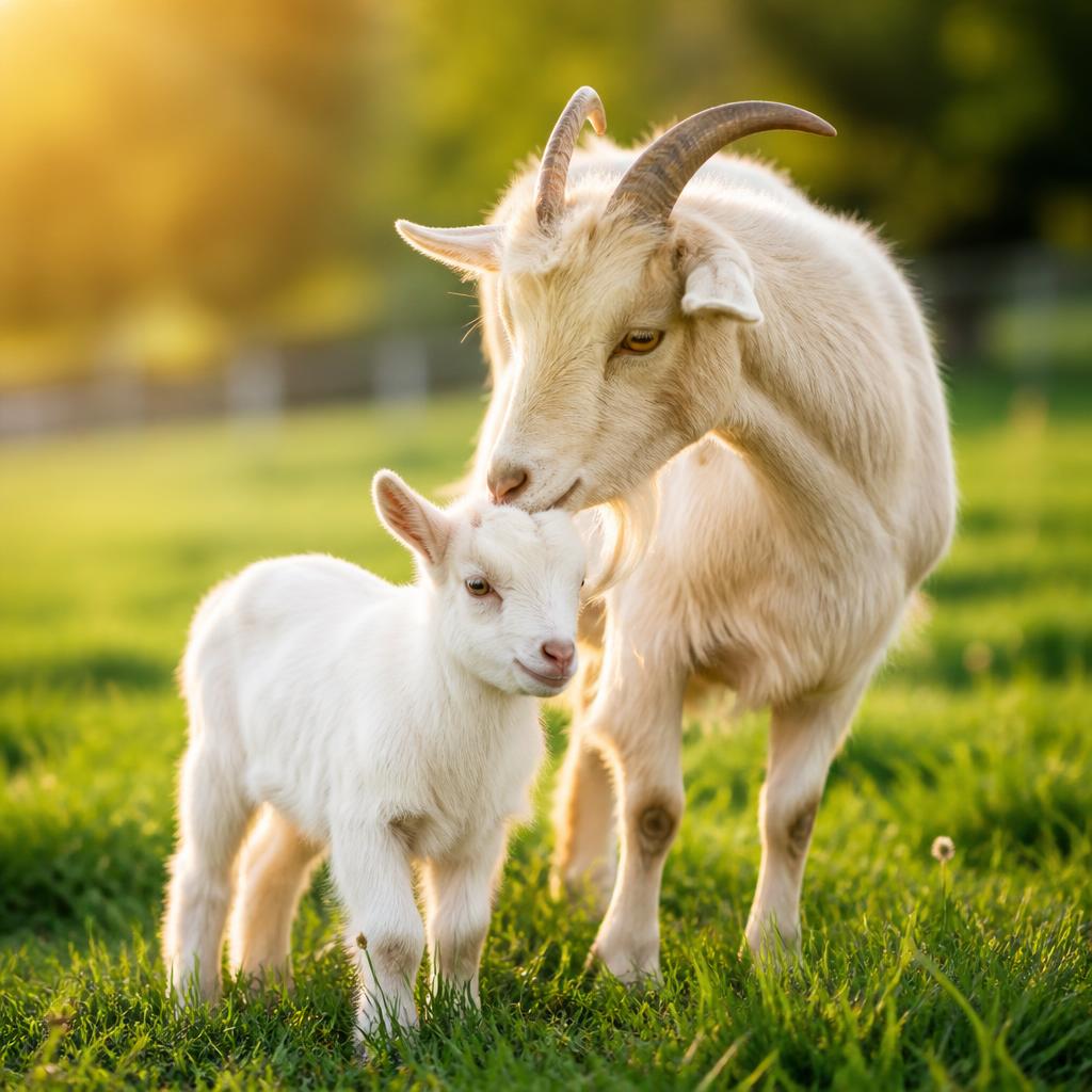 Healthy goat on green pasture