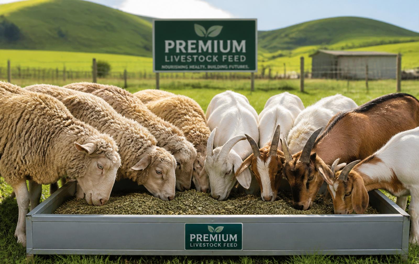 Sheep and goats feeding on premium molasses-mixed feed