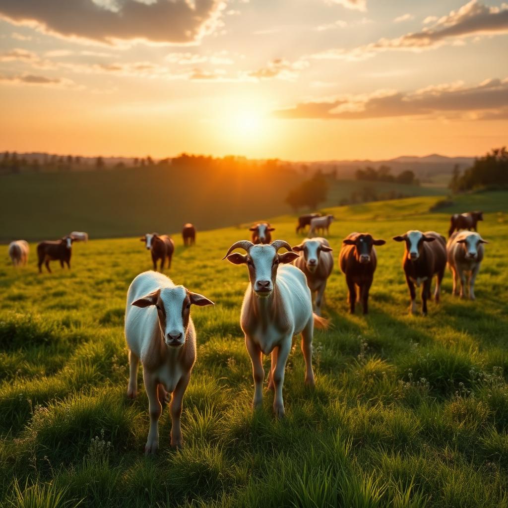 Healthy livestock grazing on a green farm at sunset